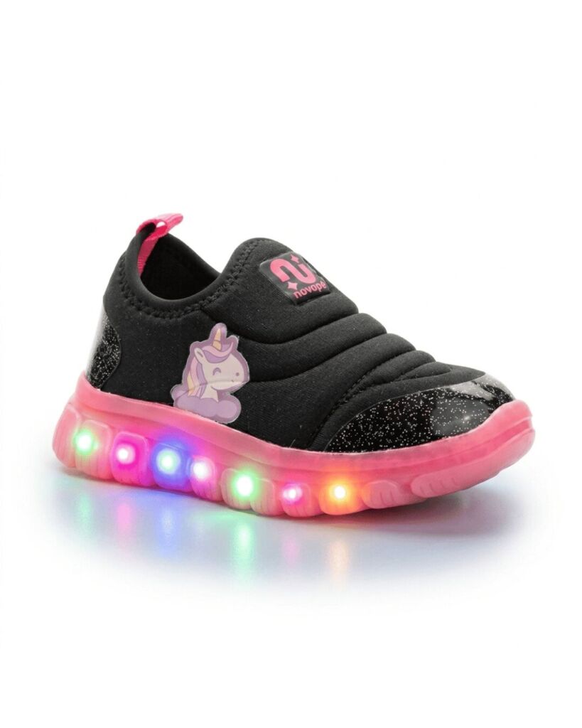 Tênis Bebê Menina Com Luz LED Novopé 99001050 Unicornio Preto Pink Fluor - Imagem 2