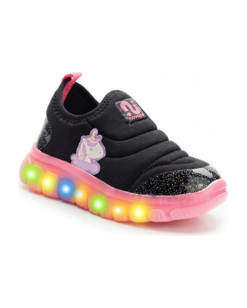 Novopé tênis infantil feminino com led unicórnio rosa, calce fácil e glitter - Imagem 2