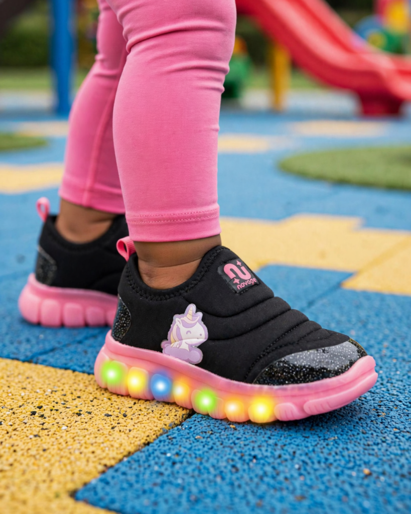 Tênis Bebê Menina Com Luz LED Novopé 99001050 Unicornio Preto Pink Fluor